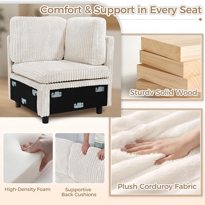 Modular Sectional Sleeper Sofa with Pull Out Bed, Plush Corduroy L Shaped Couch with Storage Chaise, USB Ports, Cup Holders, Comfy Cloud Couches for Living Room, Beige