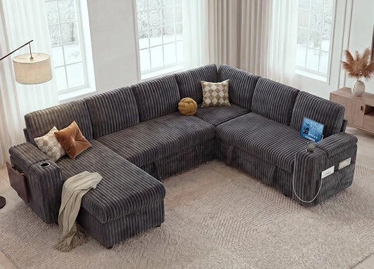 WEUP 111" Modular Sectional Sleeper Sofa with Pull Out Bed, 7 Seat Plush Corduroy L Shaped Couch with Storage Chaise|USB Ports|Cup Holders|Side Table|Storage Armrests, Tool Free Assembly, Grey