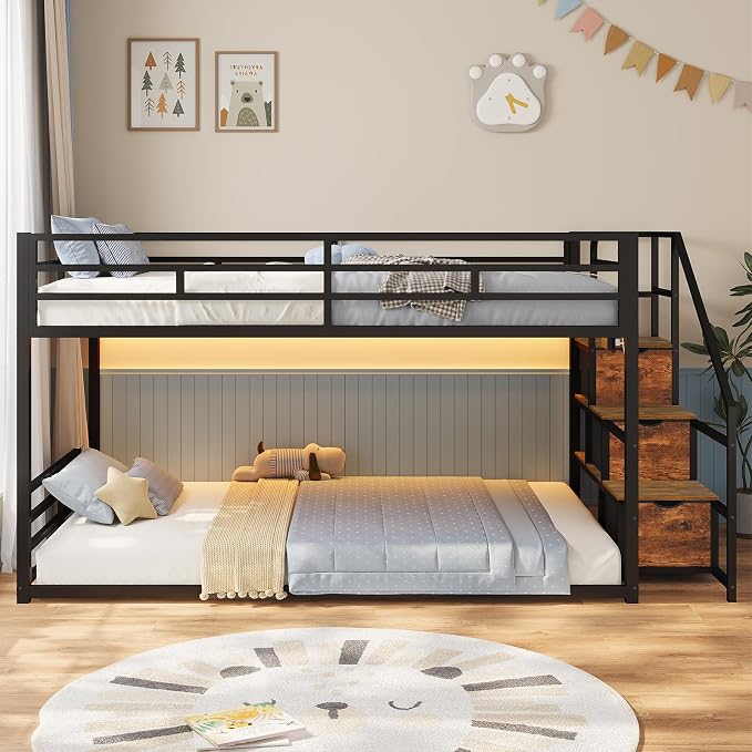 ADORNEVE Low Bunk Bed Twin Over Twin with Storage Staircase, Drawers & Shelves, RGB LED Lights Metal Floor Bunk with Power Outlet, Full-Length Guardrail & Metal Slats, for Small Space, Kids, Black