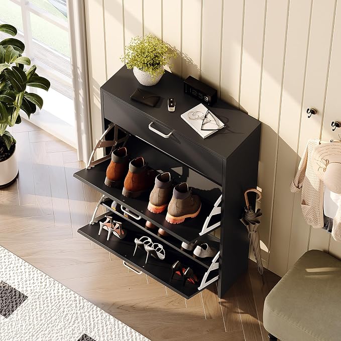 VINGLI Shoe Cabinet Storage for Entryway with 2 Flip &1Drop-Down Drawers | 24.8" W Narrow Slim,Modern Black Color,Holds 8–12 Pairs of Shoes,Smart Baseboard Cut-Out Design,9.45" Depth