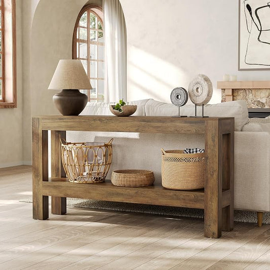LITTLE TREE 63-Inch Entryway Console Table, Long Farmhouse Narrow Sofa Table for Living Room, Hallway, Entry, Entrance, Foyer, Behind Couch with 2-Tier Shelves, Rustic Brown