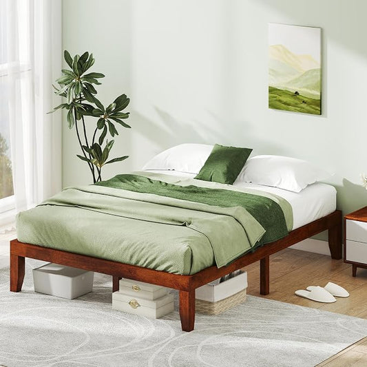 KOMFOTT 14 Inches Wood Platform Bed Frame Queen Size, Wooden Mattress Foundation with Rubber Wood Frame, Strong Wooden Slat Support, No Box Spring Needed, Bed Frame (Brown Cherry)