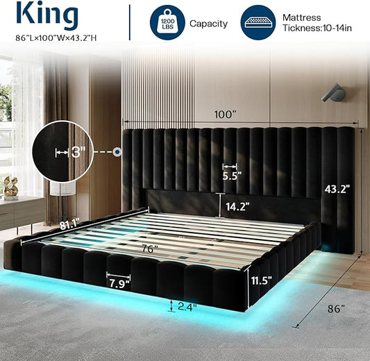 Jocisland King Size Bed Frame with 100" Wide Upholstered Headboard, Modern Velvet Floating Platform with LED Lights Underneath, No Box Spring Needed, Black