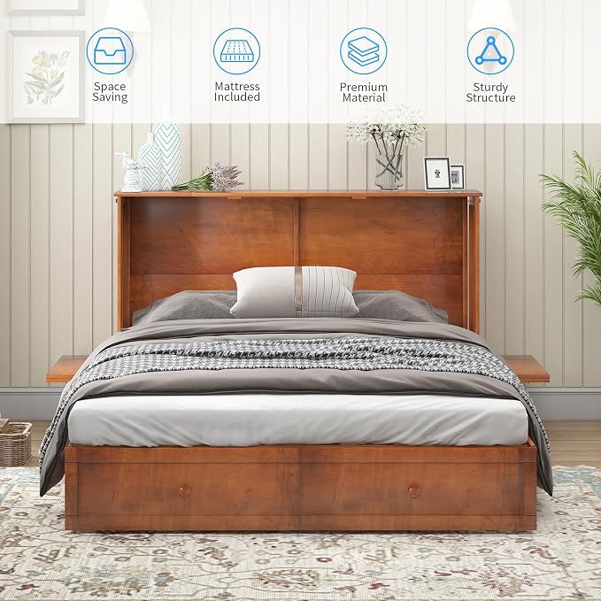 PUREMIND Queen Murphy Bed with Mattress Included, Murphy Cabinet Bed with Storage Drawer, Built-in Charging Station, Solid Wood Frame, Space-Saving Cabinet Beds for Small Spaces/Guest Room (Cherry)