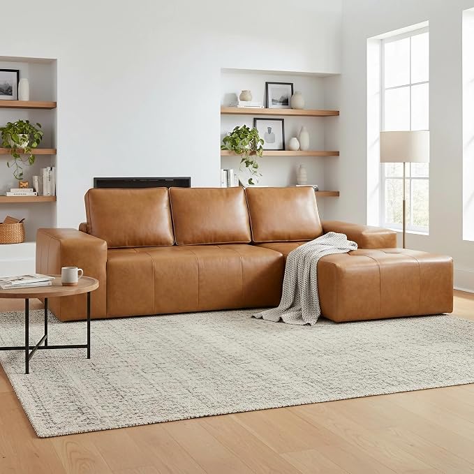 114” Boneless Sectional Couches for Living Room, Brown Cloud Faux Leather Couch in a Box, Modular Sectional Sofas for Living Room, L Shaped Couch with Chaise, Memory Foam Deep Seat,Right Chaise