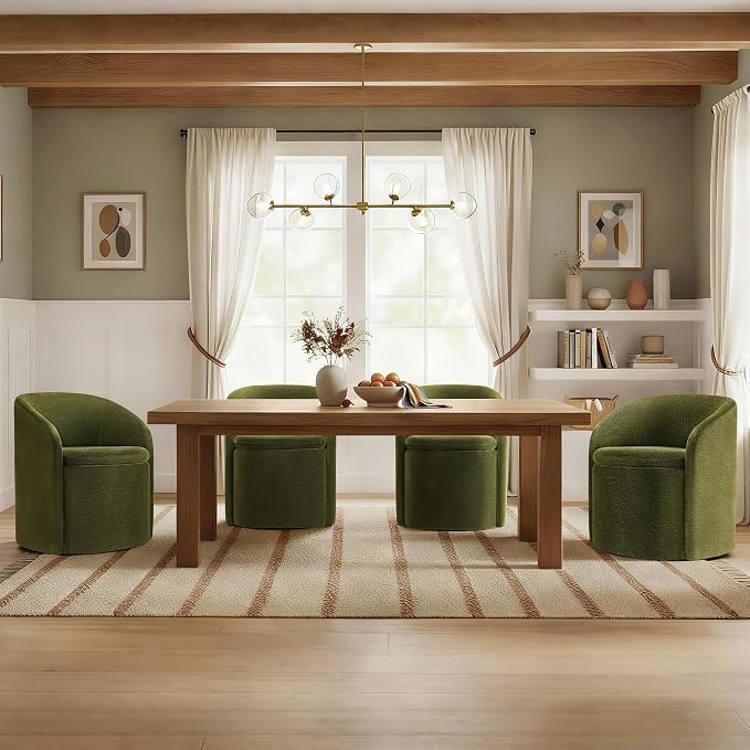 KISLOT Upholstered Dining Chairs with Casters, No Assembly Rolling Modern Dining Room Chairs with Hidden Storage & Barrel Backrest, Accent Chair for Bedroom, Living Room, Dressing, Green, Set of 2