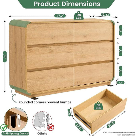 Standifurno 47’’ Wide Dresser for Bedroom, Double Dresser with 6 Drawers, Storage Drawer of handleless, Chest of Drawers for Closet & Living Room (Natural)