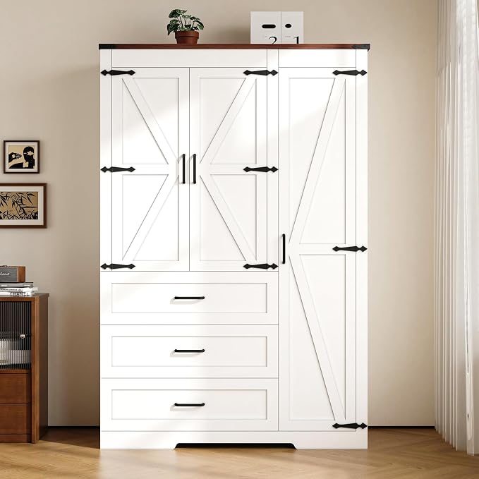 Farmhouse Wooden Armoire Storage Cabinet with Adjustable Shelves & Hanging Rod, 3 Doors Wardrobe Armoire Closet with Drawers, 70" Freestanding Clothing Storage Cabinet for Bedroom (3 door, White-1)