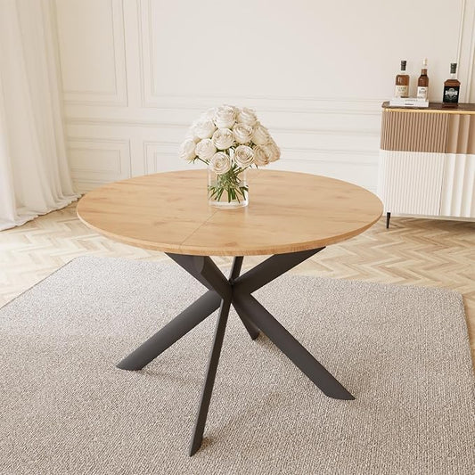HIPIHOM 43.2"-59.1" Extendable Round Dining Table | Mid century modern oak finish, MDF board, space saving design, for 4-6 person, kitchen & coffee table