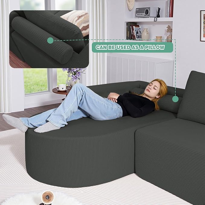 104.92" L-Shaped Corduroy 3 Piece Sofa Set with Single Lounge Chair & Ottoman, Modular Compressed All Foam Couch, Freely Movable Footrest, Minimalist Large Living Room Furniture