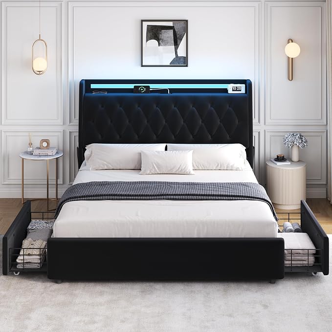 Full LED Velvet Bed Frame with 2 Storage Drawers&Hidden Headboard, Upholstered Platform Bed with Charging Station&Button Tufted Design, Wooden Slats Support, Box Spring Optional, Easy Assembly, Black