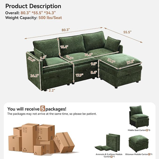 80" Cloud Modular 3 Seater Sofa with Storage Ottoman, Modern Upholstered Storage Sofa Couch Deep Seat, L Shape Sectional Sofa Chenille Comfy Couch with Armrests for Living Room, Small Space, Green