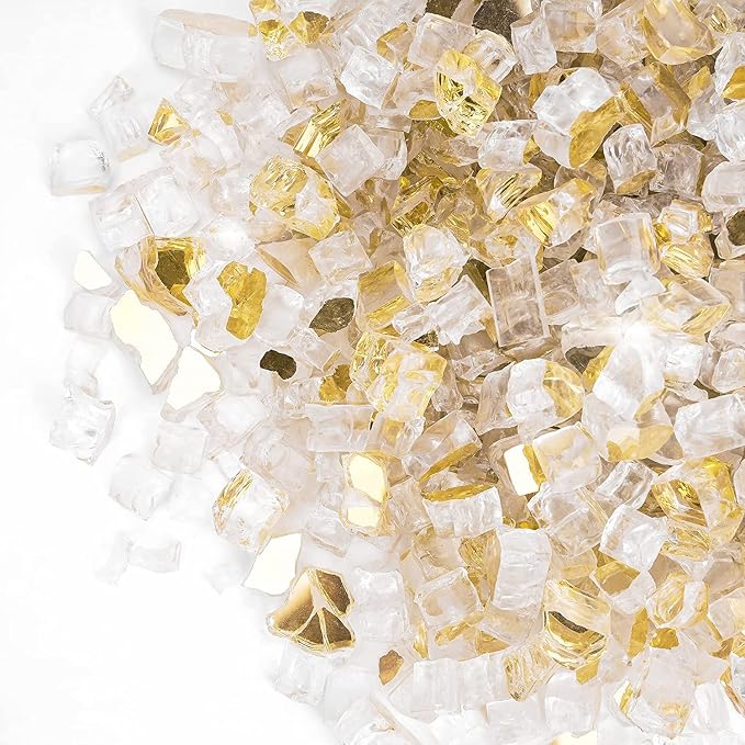 Onlyfire 10 lbs Fire Glass Rocks 1/2 Inch, Reflective Tempered Glass for Propane Fire Pit & Gas Fireplace, High Luster Firepit Glass Stones for Fire Table, Gold (Multicolor Options Available)