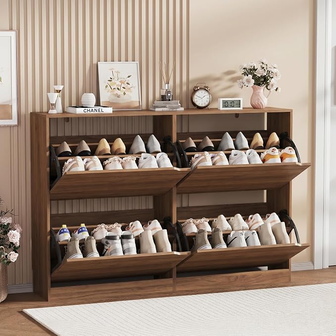 Shoe Storage Cabinet, Wood Shoe Organizer for Entryway with 3 Flip Drawers, Freestanding Shoe Rack with Adjustable Shelf, Narrow Shoe Dresser for Front Door Entrance (Walnut, Standard 4 Drawers)
