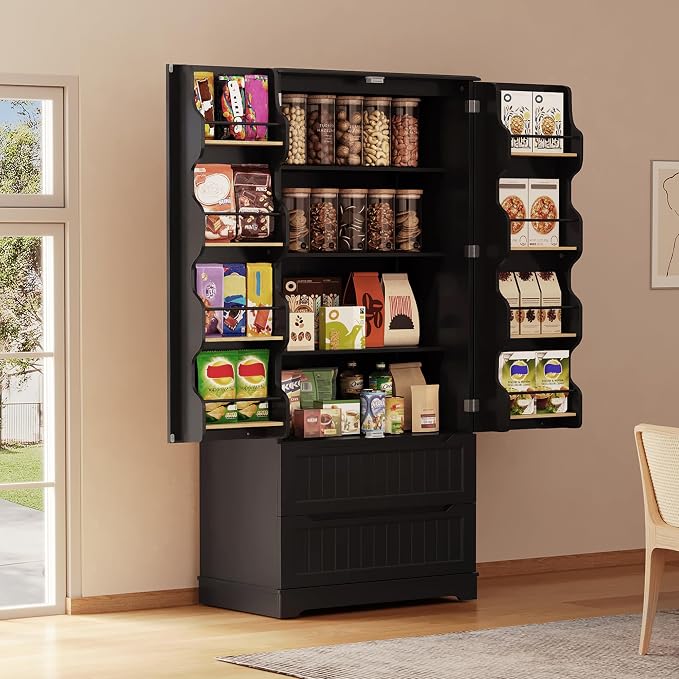Gizoon 72" Tall Kitchen Pantry Cabinet with Drawers for Dining Room, Food Pantry Storage Cabinet with 8 Doors Shelves for Snack and Spice, Large Craft Storage Cabinet for Craft Room, Black, Painted