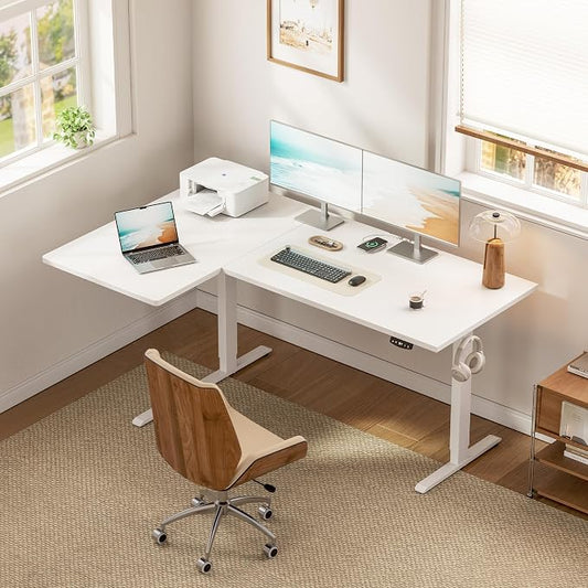 Klicelor L Shaped Standing Desk, 55 Inch Electric Height Adjustable Desk with Memory Preset, Reversible Sit Stand Up Computer Workstation for Home Office, Splice Board, White