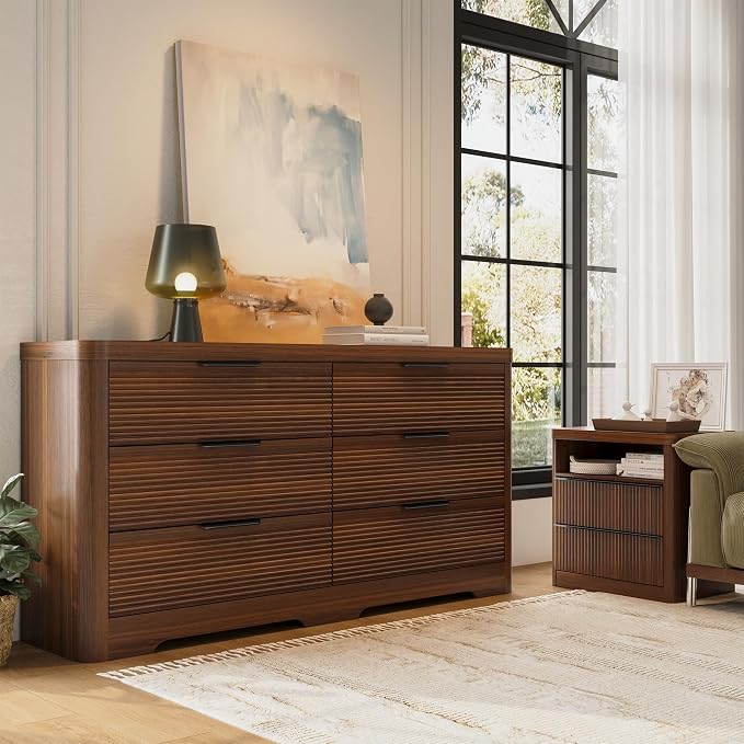 FUSUNBAO Fluted 6 Drawer Dresser, Modern Wood Dresser for Bedroom,TV Stand,Thickened Curved Profile Design,Bedroom,Entryway,Wood Drawer Organizer (Dark Walnut)