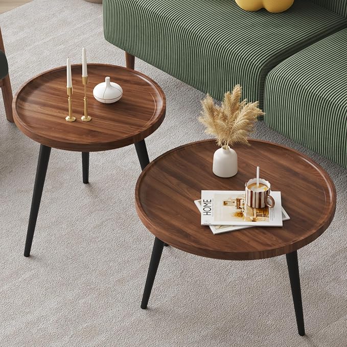 2 Pcs Mid Century Modern Coffee Table Round for Living Room,Easy Assembly Nesting Coffee Tables,Minimalist Circle Walnut Coffee Table for Bedroom Office Balcony Yard