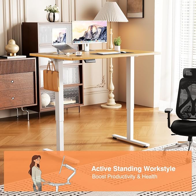 Sweetcrispy Electric Standing Desk Adjustable Height, 40x24 Inch Sit Stand Up Home Office Desks Computer Workstation PC Work Table with 3 Memory Preset Splice Wood Board Metal Frame, Oak