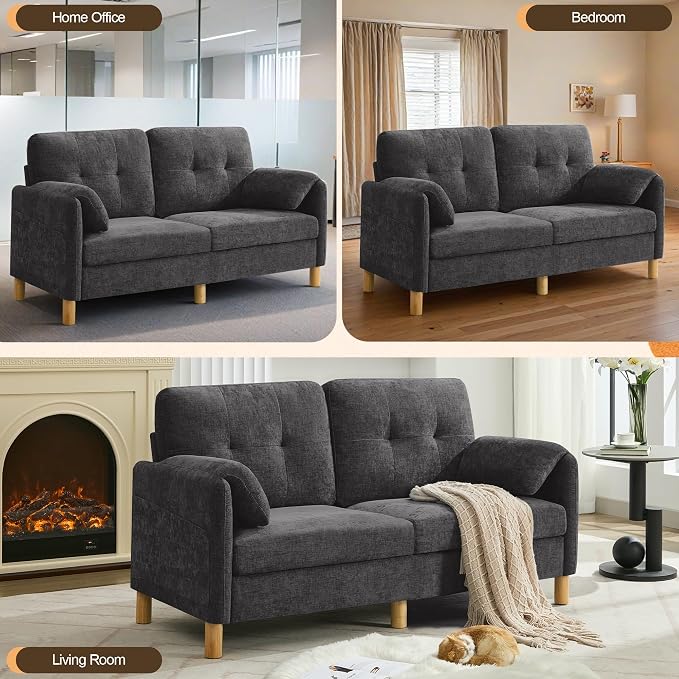 WUTUTUEE 65" Chenille Loveseat Sofa, Modern 2-Seater Love Seat Couch with Armrest Pillows, Storage Pockets, Easy Assembly, Upholstered Tufted Loveseat Couches for Living Room Bedroom, Dark Grey