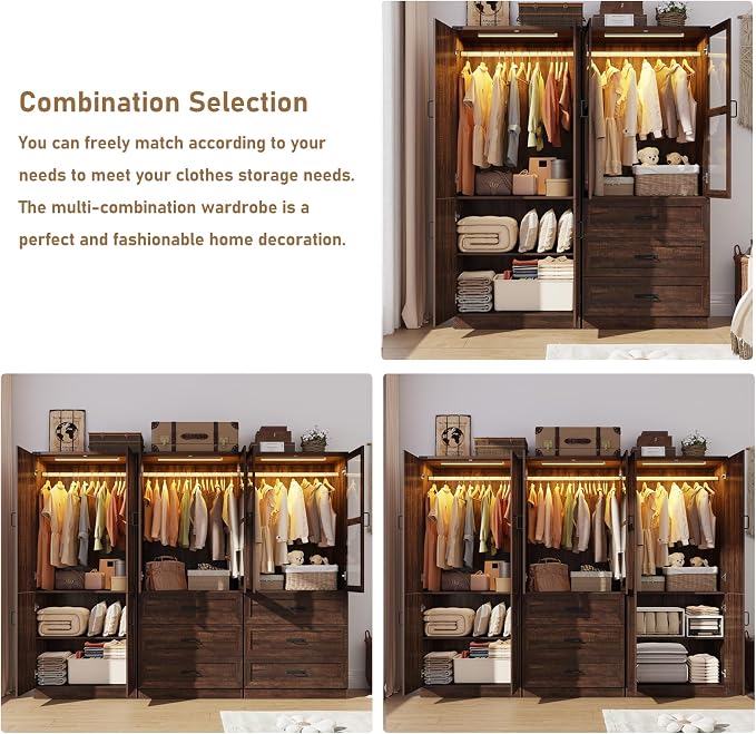 75" Tall Farmhouse 2 Doors Armoire Wardrobe Closet with 3 Drawers and LED,Freestanding Closet Wardrobe Cabinet for Bedroom with Hanging Rod,Wooden Armoire Storage Cabinet with Adjustable shelve(Brown)