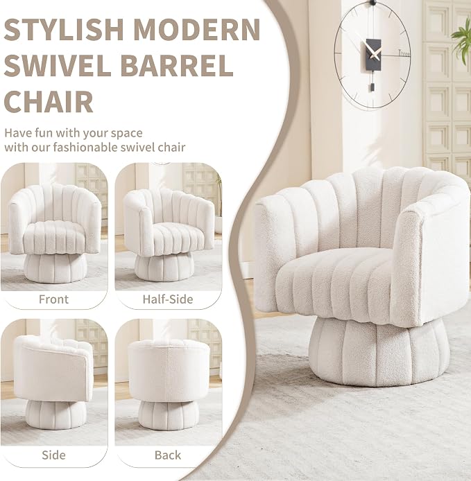 Swivel Accent Barrel Chair - Cute Comfy Small Round 360° Arm Chair Velvet Sofa Club Reading Chair for Living Room Bedroom Office White