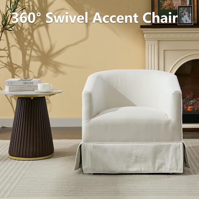 Swivel Accent Chair for Living Room, 360° Upholstered Barrel Swivel Chairs with Skirted Base, Modern Linen Armchairs for Bedroom, Reading Nook, Small Space, White