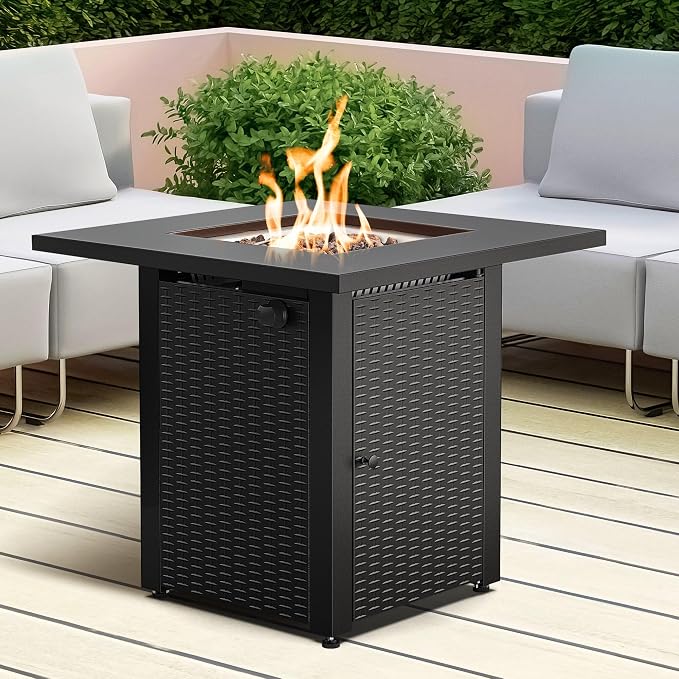 Hexago 28 Inch Propane Fire Pit, ETL Listed Outdoor Fire Pit Table, 50,000 BTU Steel Gas Fire Pits with Lid and Lava Rock, Add Warmth and Ambience to Parties On Patio Deck Garden,Black