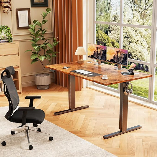 Sweetcrispy Electric Standing Desk Adjustable Height, 48x24 Inch Sit Stand Up Home Office Desks Computer Workstation PC Work Table with 3 Memory Preset Splice Wood Board Metal Frame, Rustic