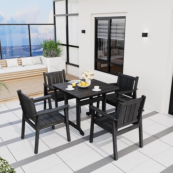 Pamapic 5 PCS Outdoor Dining Set, Spacious HDPE Outdoor Table and Chairs, Wood Grain Patio Furniture Sets with Elegant Armrest, All-Weather Patio Dining Table with Umbrella Hole, Black
