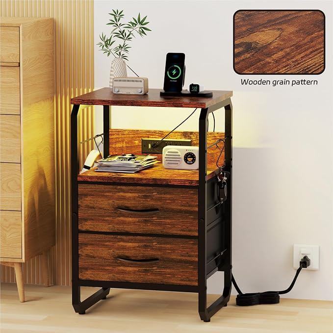 runjuly LED Nightstand, Bedside Table with Storage, End Table with Drawers & Hooks, Small Table with Charging Station, AC Outlets, USB-C Ports, Night Stand Table for Bedroom, Dorm, Rustic Brown