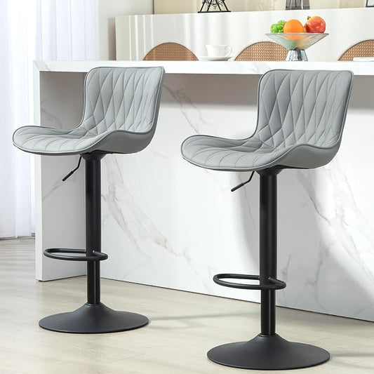 Finnhomy Bar Stools Set of 2, Modern 360° Swivel Faux Leather Bar Stools, 24"-32.5" Seat Height with Back, 330 lbs Capacity, SGS Gas Lift, Upholstered Kitchen Chairs for Kitchen Island, Grey
