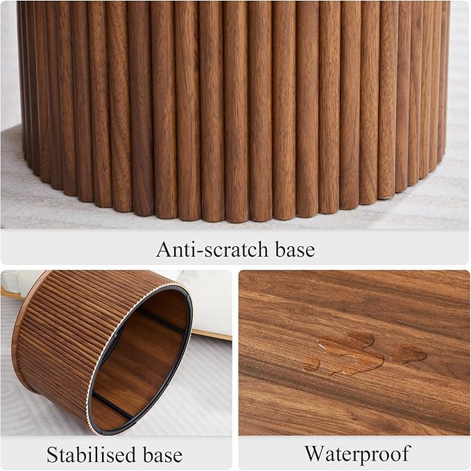 Fluted Round Nesting Coffee Table Set of 2, Mid Century Modern Wood Coffee Tables and End Table Set, Circle Side Table Minimalist Center Tables for Living Room, Office(Walnut)