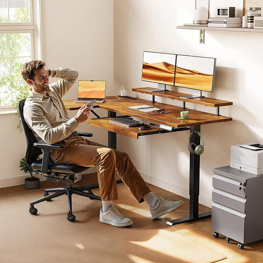 OffiGo 55 Inch L Shaped Electric Standing Desk with Keyboard Tray, Reversible Height Adjustable Corner Computer Desk with Monitor Stand, Sit Stand Up Lift Table for Home, Office, Rustic Brown