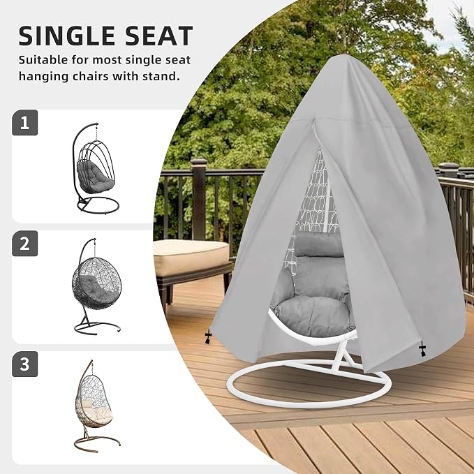 Easy-Going Patio Hanging Egg Chair Cover, UV Resistant Waterproof Outdoor Single Seat Swing Chair Cover with Zipper, Grey