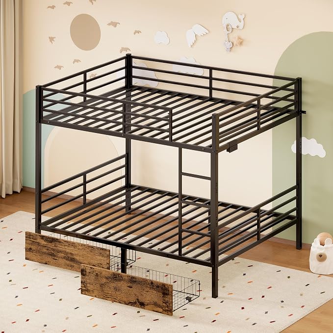 Twin Over Twin Metal Bunk Bed with 2 Rolling Under-Bed Storage Drawers | Charging Station, Stable Square Tube Frame, Converts to Separate 2 Twin Beds, Full Safety Guardrails & Ladder for Bedroom