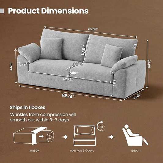 90" Boneless Loveseat Sofa, Polyester Fabric 2-Seater Couch with 4 Pillows, No Assembly Required, Soft High Density Foam Cushion, Pillow Armrest for Living Room Bedroom Apartment (Grey)