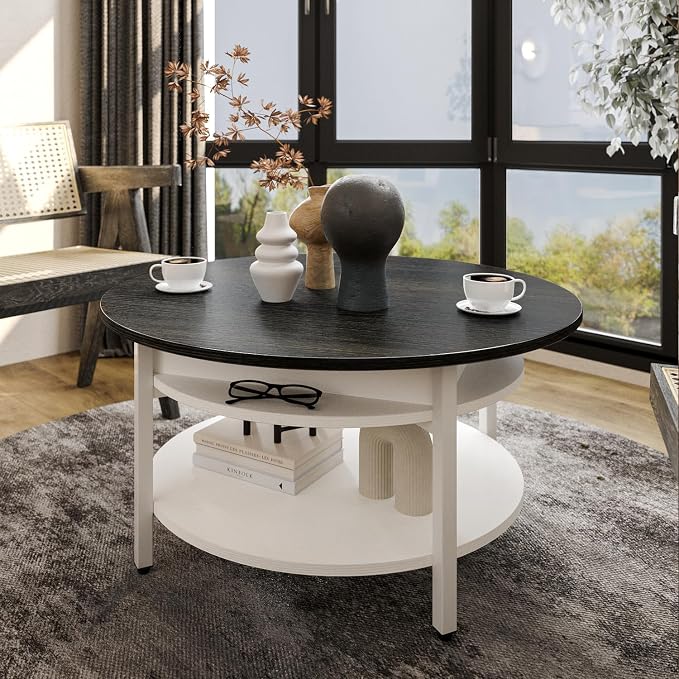 FABATO Round Lift Top Coffee Table with Storage and Hidden Compartment, 26.77'' Farmhouse Coffee Table for Living Room Reception Room, 2 Tier Small Round Coffee Table Circle Dining Table, White