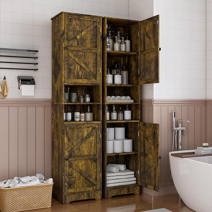 Viaozutis Tall Bathroom Storage Cabinet, Slim Freestanding Cabinet with Adjustable Shelves, Vertical Storage Organizer for Small Bathrooms, Toilet Paper & Daily Essentials Storage Retro Colors