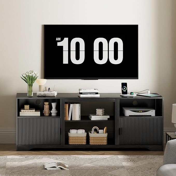 Fluted TV Stand for Tvs up to 80",Mid Century Modern TV Stand with Open Adjustable Shelf,Entertainment Center Wood TV Media Console with Cord Holes for Living Room Furniture Bedroom,Black