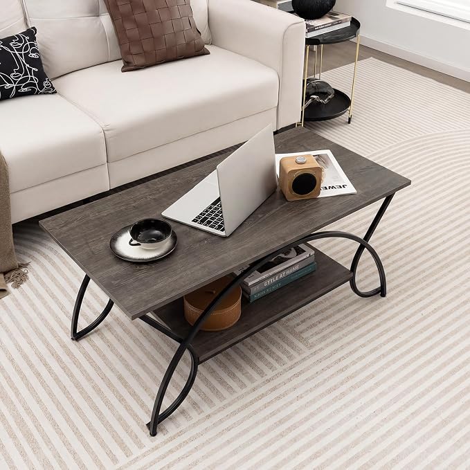 Giantex 2-Tier Coffee Table with Storage, 39.5" Wood Center Table with Open Storage Shelf & Black Finished Metal Frame, Industrial Living Room Table for Small Spaces (Grey Oak)