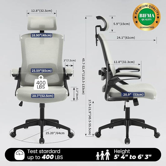 Fizzin Ergonomic Office Chair, 400 LBS Computer Chairs with Adjustable Lumbar Support, Breathable Mesh Desk Chair Ergonomic with Thickened Cushion, Comfy Home Office Desk Chair (Dark Gray)