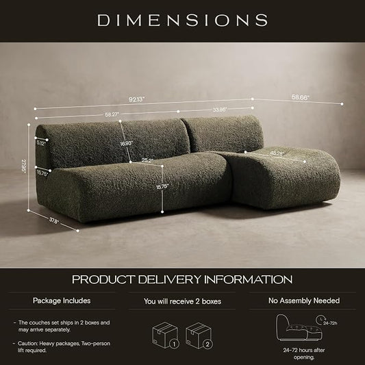 92" Curved Sectional Sofa with Chaise Set, Boneless 3-Seater Modular Couch, Reversible L-Shaped Couches with Deep Seat, Sherpa Sofas for Small Living Room, Bedroom, Apartment – No Assembly, Green