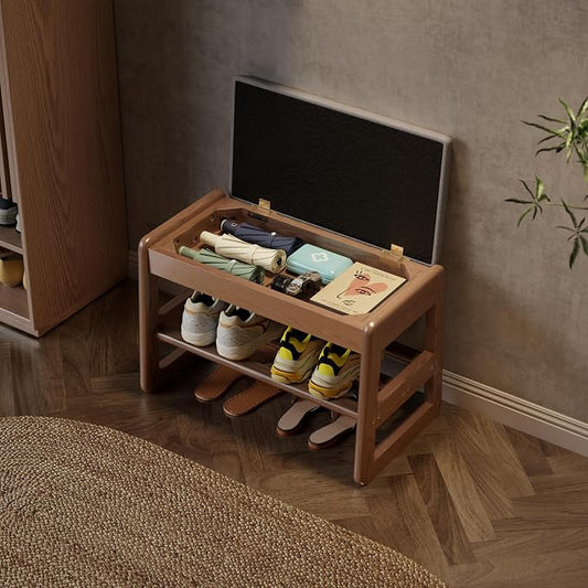 AQIMUELE Shoe Rack Bench,2 Tiers Shoe Bench with Storage with Flip-Top,Wood Shoe Rack for Entryway,Hallway(Walnut Upholstered Seat,11.8" D x 23.62" W x 15.7" H)
