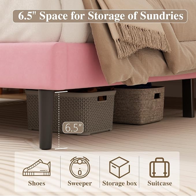 CXVX Full Size Bed Frame with Diamond Tufted Headboard, Velvet Upholstered Platform Bed and Wooden Slat Support, Noise-Free, No Box Spring Needed, Easy Assembly, Pink