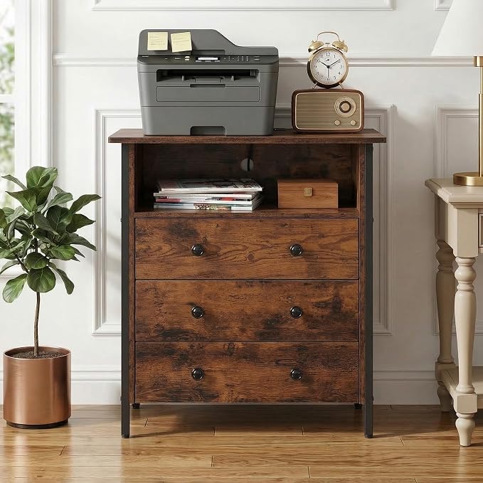 27 Inch Wide Nightstand Set of 2 with Charging Station, Large Nightstand Set 2 with 3 Wood Drawers & LED Lights, Big Bedside Table with Open Shelf for Bedroom, Guest Room, Office, Retro.