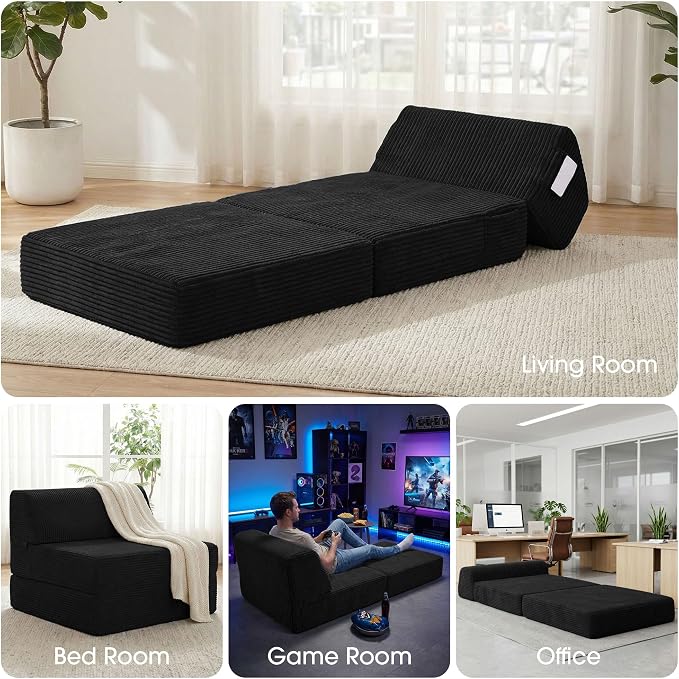 Kasunpul Folding Sofa Bed with Pillow, Memory Foam Fold Out Chair Bed, Convertible Sleeper Chair with Washable Cover, Futon Floor Couch for Living Room/Dorm/Guest Use/Home Office/Apartment, Black