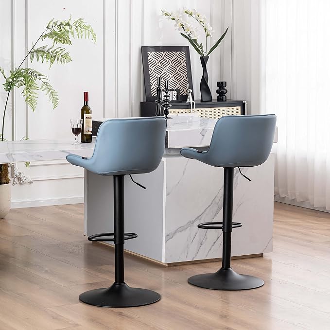 YOUTASTE Blue Bar Stools Set of 2 Adjustable Swivel Modern Barstools Luxury Upholstered Faux Leather Bar Stool Counter Height Metal Chairs with Back for Home Kitchen Island