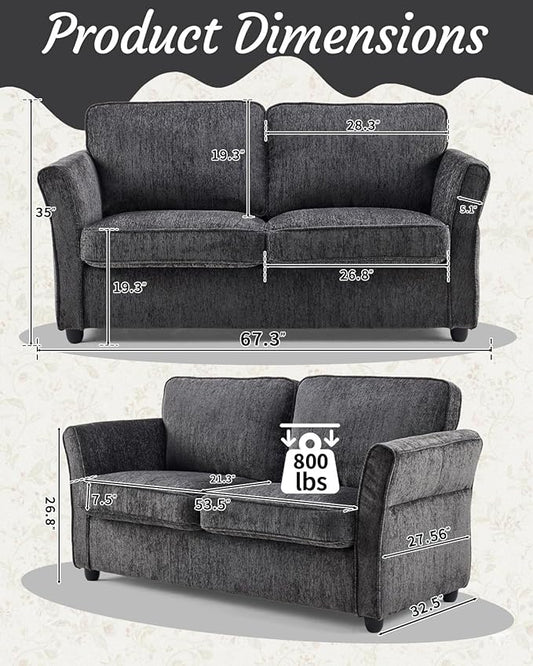Karl home 67" Loveseat Sofa, Chenille Fabric, Grey | Removable Covers, Outward Arms, Spring Cushion & Solid Wood Frame, Deep Seat for Living Room, Bedroom, Apartment