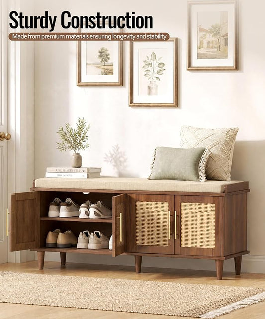 Akxomel Rattan Shoe Storage Bench with Cushion, 2-Tier Entryway Bench with Adjustable Shelves and 4 Doors, 15" D x 47.2" W x 20" H, Solid Wood Legs, for Hallway, Living Room, Bedroom, Walnut